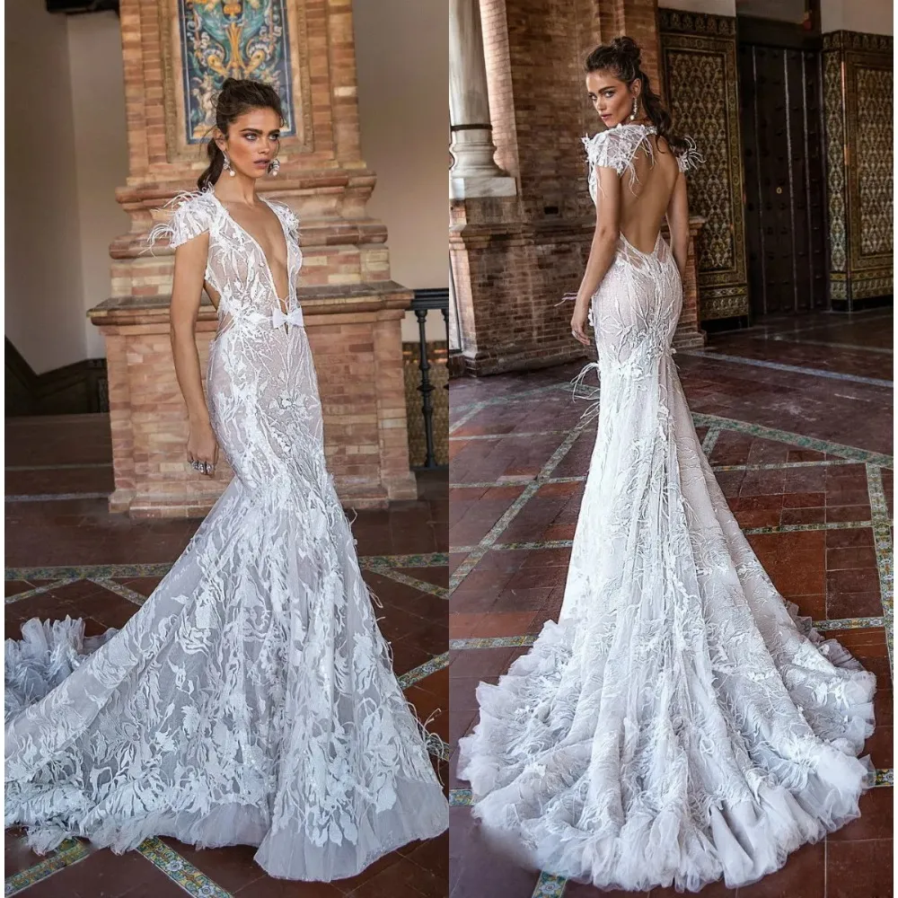 Stunningbride 2024 abiti da sposa a sirena con scollo a V sexy backless di lusso in pizzo spazzata treno principessa illusione abiti da sposa da spiaggia con piume