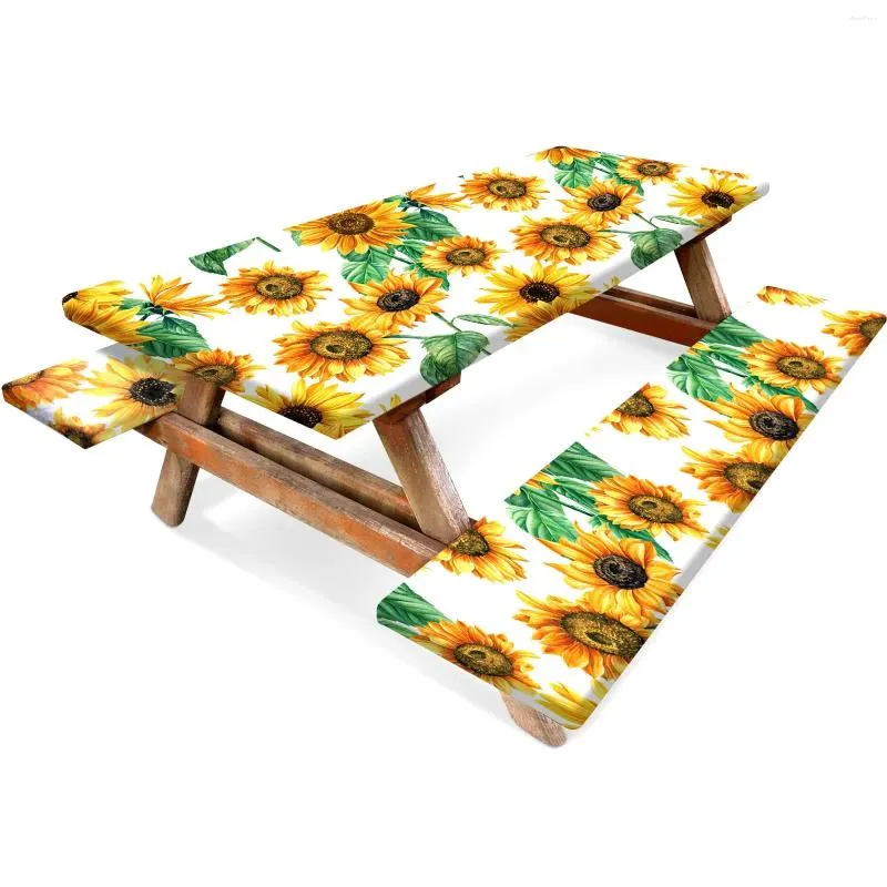 Nappe tournesol, ensemble de 3 pièces et couverture de nappe ajustée pour banc, bord élastique, pique-nique d'été, Patio extérieur, voyage, pique-nique