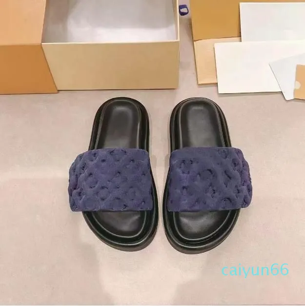 Pantofola Designer Slides Sandali da donna Piscina Cuscino Tacchi Tessuto di cotone Paglia Pantofole casual