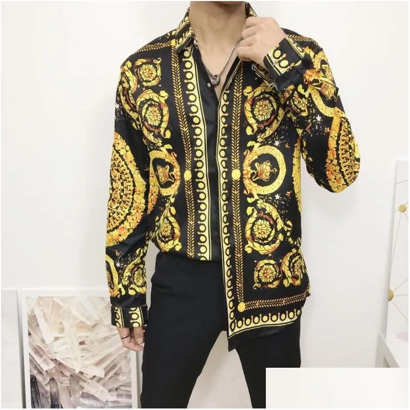 Men'S Casual Shirts Mens Fashion Male Shirt Harajuku 3D Floral Leopard Print Splice Fancy Men Autumn Club Party Wedding Prom Dress D Dhcnx