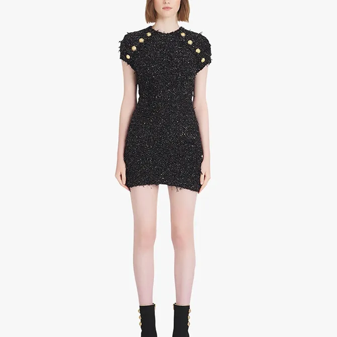 Trend 2024 Designer Temperament Light Beaded Knitted Dress Kort ärmar inslagna höftkjol