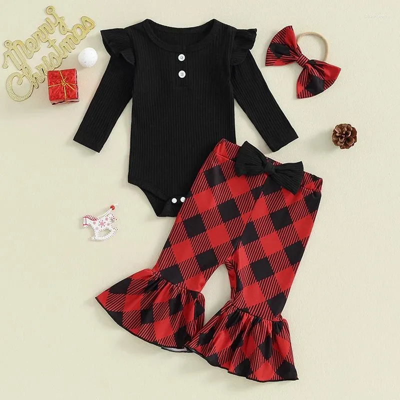 Clothing Sets FOCUSNORM 0-18M Infant Baby Girls Clothes 3pcs Long Sleeve Ruffles Ribbed Romper With Plaid Flare Pants Headband