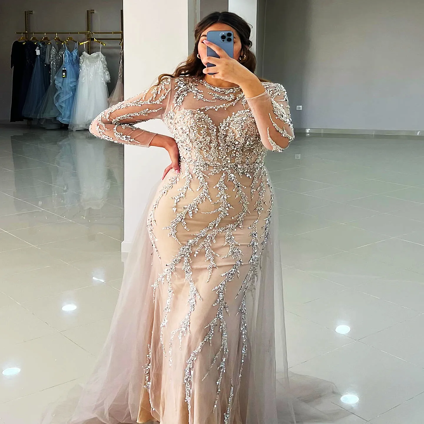 2024 ASO EBI Illusion Champagne Mermaid Prom Dress Beaded paljetter Evening Formal Party Second Reception 50th Birthday Engagement Gowns Dresses Robe de Soiree ZJ75