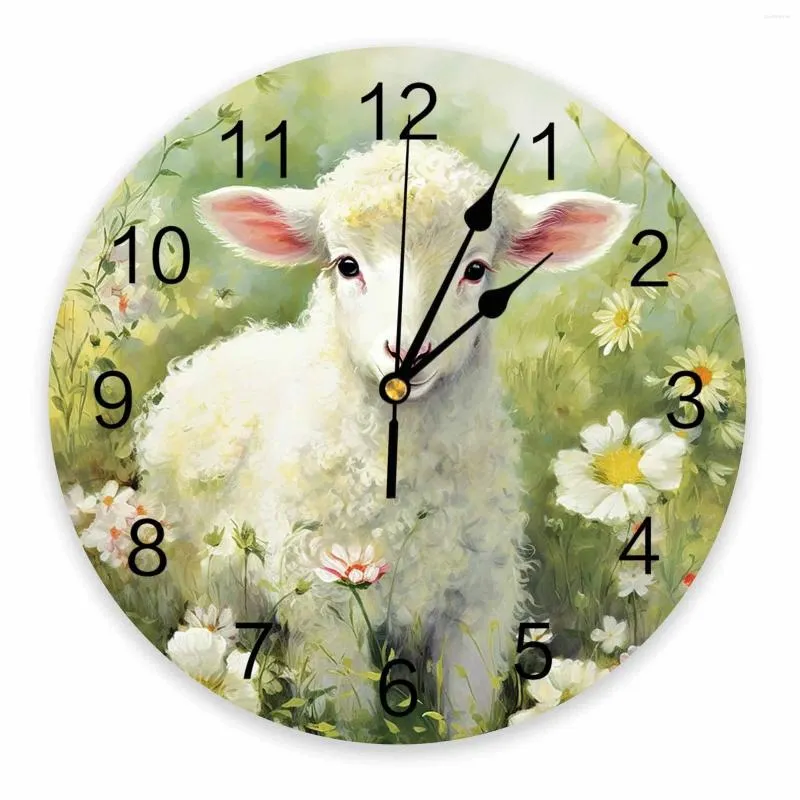 Horloges murales Printemps Mouton Daisy Plante Ferme Horloge imprimée Moderne Silencieux Salon Décor À La Maison Montre Suspendue