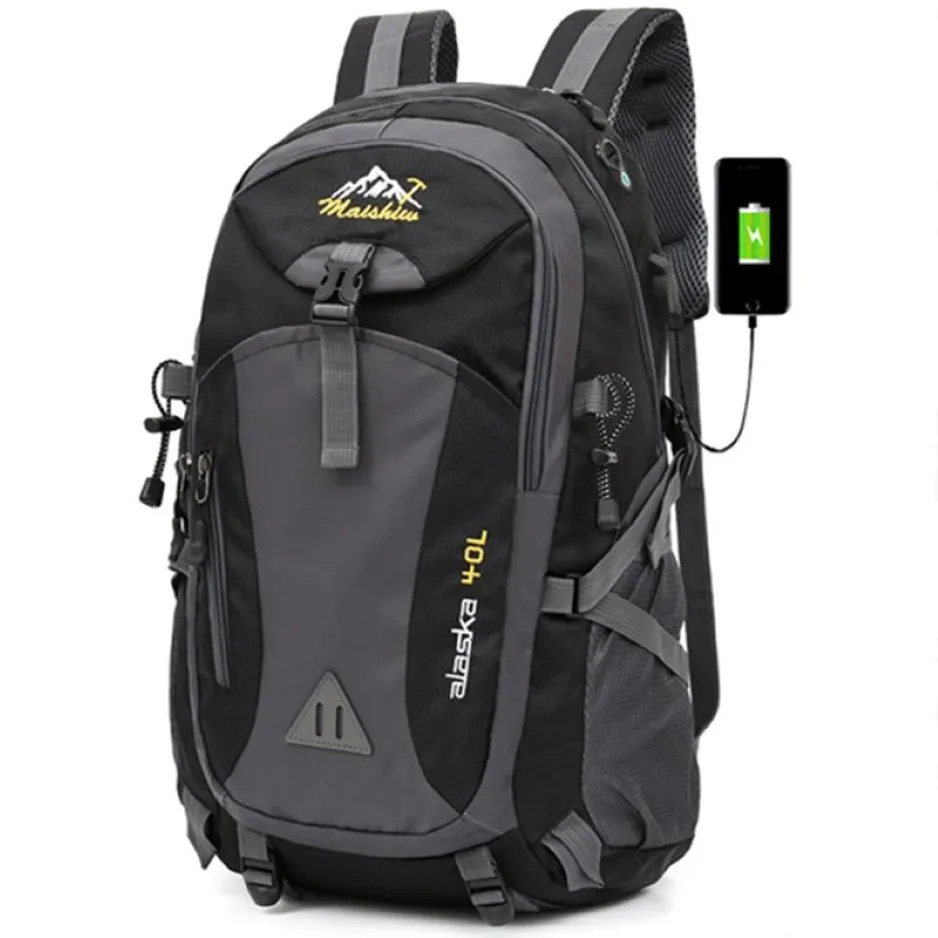 40L Wodoodporne opłaty za ładowanie USB Unisex Mężczyzna Podróż mężczyzn Plecak Mężczyźni na świeżym powietrzu sporty na kemping piesze torby szkolne Pack 20236i