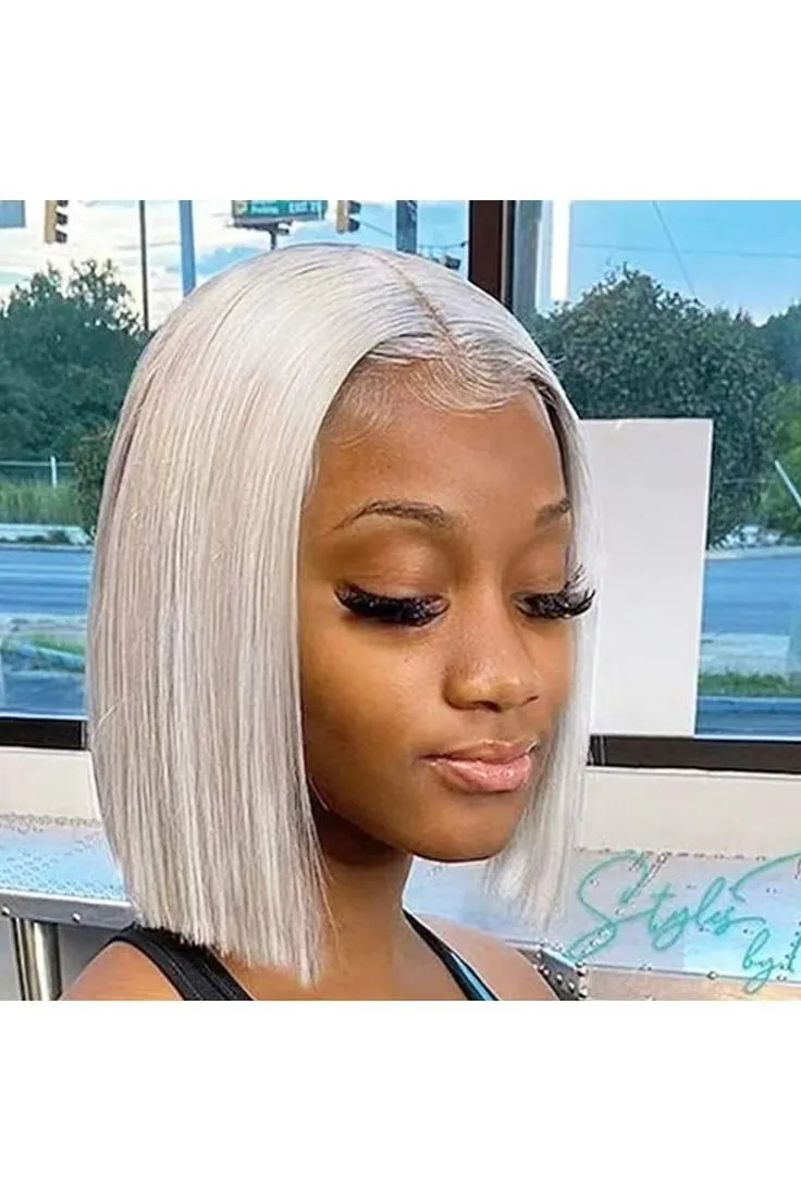 Gray Bob Wig Human Hair - 10 Inch Silky Straight Middle Part  display picture 1