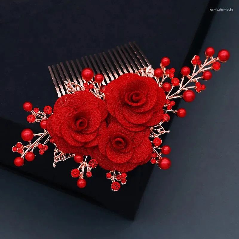 Hair Clips Red Rose Flower Crystal Bridal Comb Wedding Accessories Hairpin Year Gift For Friend