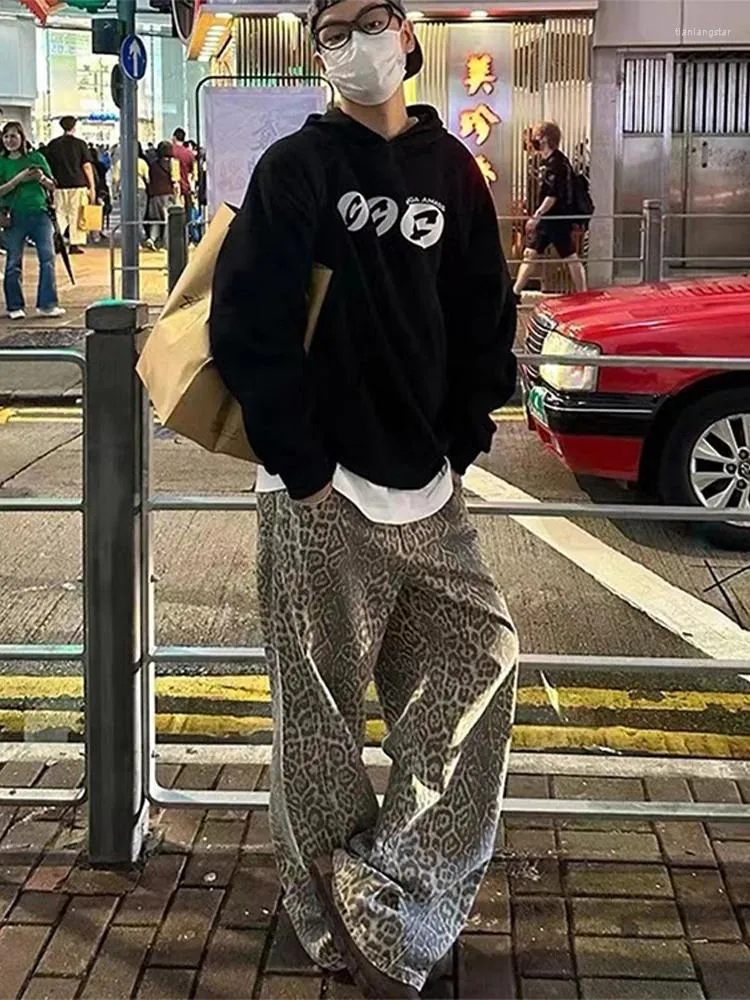 Jeans masculinos leopardo homens casuais solto cintura alta moda americana calças de rua homem 2024 primavera macio pernas largas hip hop vintage menino