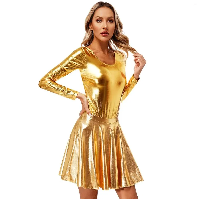 Casual Dresses Womens Shiny Metallic Long Sleeve Dress Round Neck Leotard med hög midja Fare Kjol Stage Performance Rave Party Clubwear