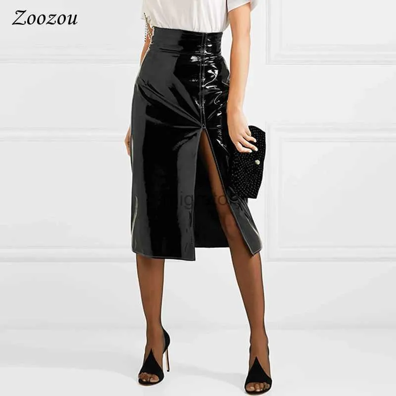 Skirts Skorts Sexy Black Split Slit Patent Leather Midi Skirt Women High Waist Knee Length PVC Elegant Office Ladys Latex Custom YQ240223