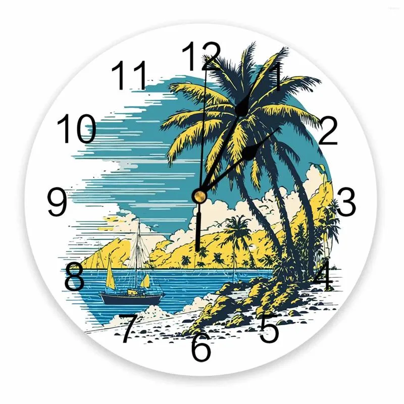 Relógios de parede Coconut Tree Beach Sailing SeaView Relógio impresso moderno Silent Soit Room Decoração de casa Relógio suspenso