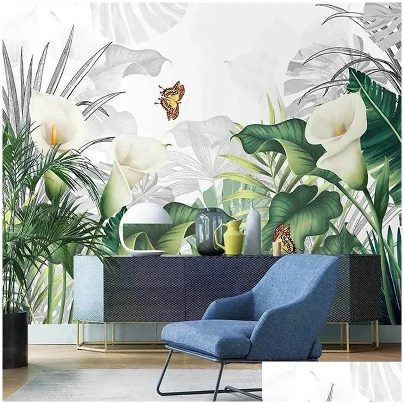 Sfondi Murale personalizzato Carta da parati 3D Moderna Fiore bianco Pianta tropicale Stile pastorale europeo Poster da parete Soggiorno Camera da letto Casa Dhepb