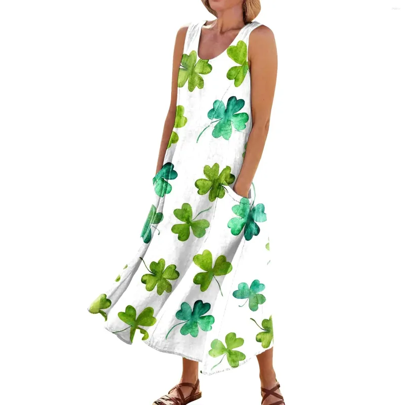 Vestidos casuales 2024 Comfort de las mujeres Día de San Patricio Impreso Vestido de bolsillo sin mangas Faldas de verano Moda Falda larga Mujer