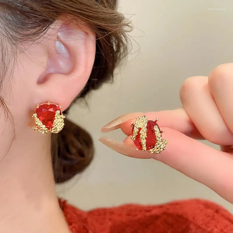 Stud Earrings Elegant Red Zircon Wheat Square For Women Simple Fashion Versatile Party Jewelry