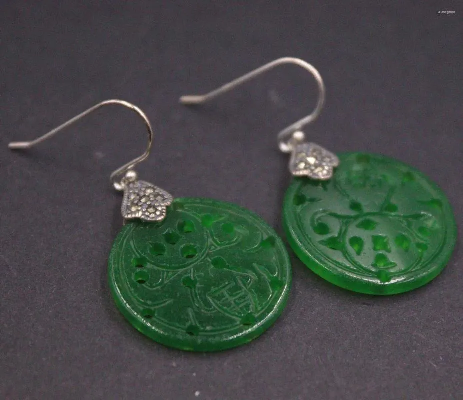 Boucles d'oreilles pendantes en argent Sterling S925 véritable pour femmes, jadéite verte, motif creux, chance ronde, Style ethnique, 1.5 pouces