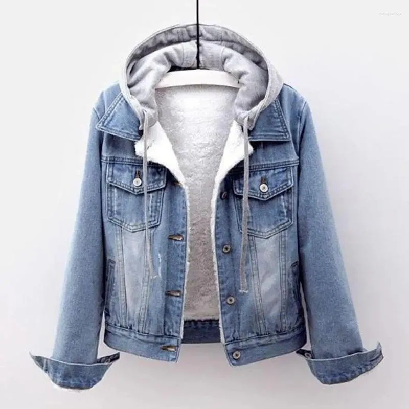 Kvinnors jackor vinterjacka avtagbar hattflikfickor termiska plus storlek denim lady coat för skolan