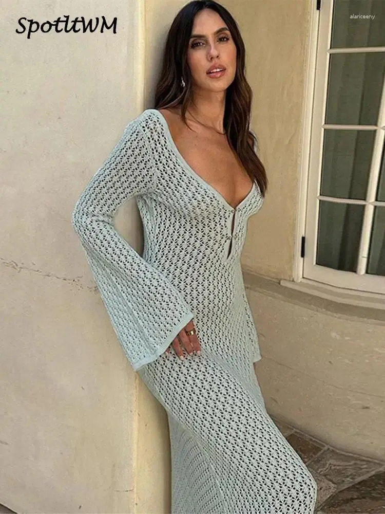Casual Dresses White Knitted Backless Flare Full Sleeve Dress Elegant Y2K Sexy V-neck A-line Long Vestidos Summer Women Beach Vacation