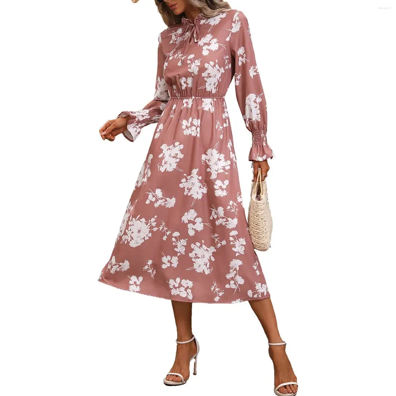 Casual Dresses Woman Fashion Cuffed Long Sleeve Floral Soe Up Halsning Big Bottom Comfort Fit Holiday Parties Lohas Time and Homecoming