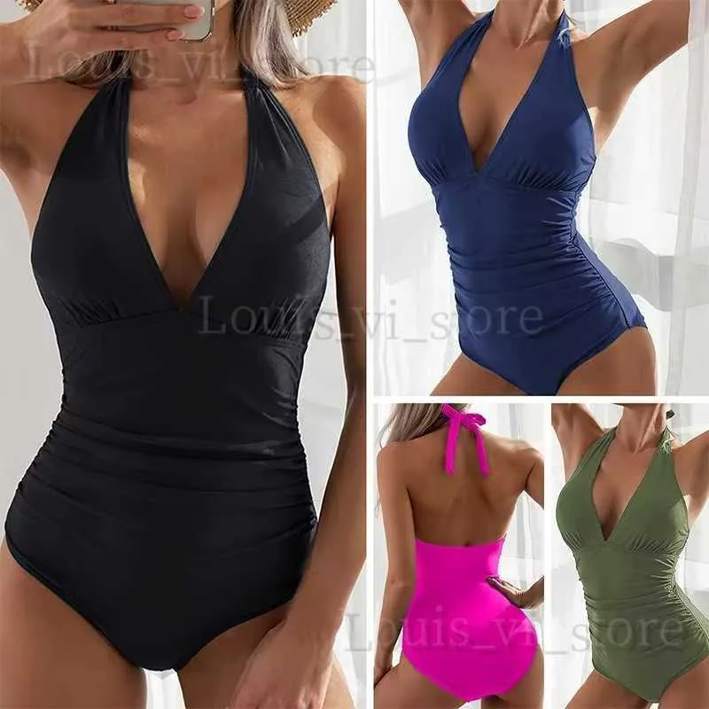 Kvinnors badkläder 2023 Sexig veckad hög midja bikini Kvinnor Sexig V-ringad baddräkt Triangel Cup Solid Color One Piece Swimsuit T240222