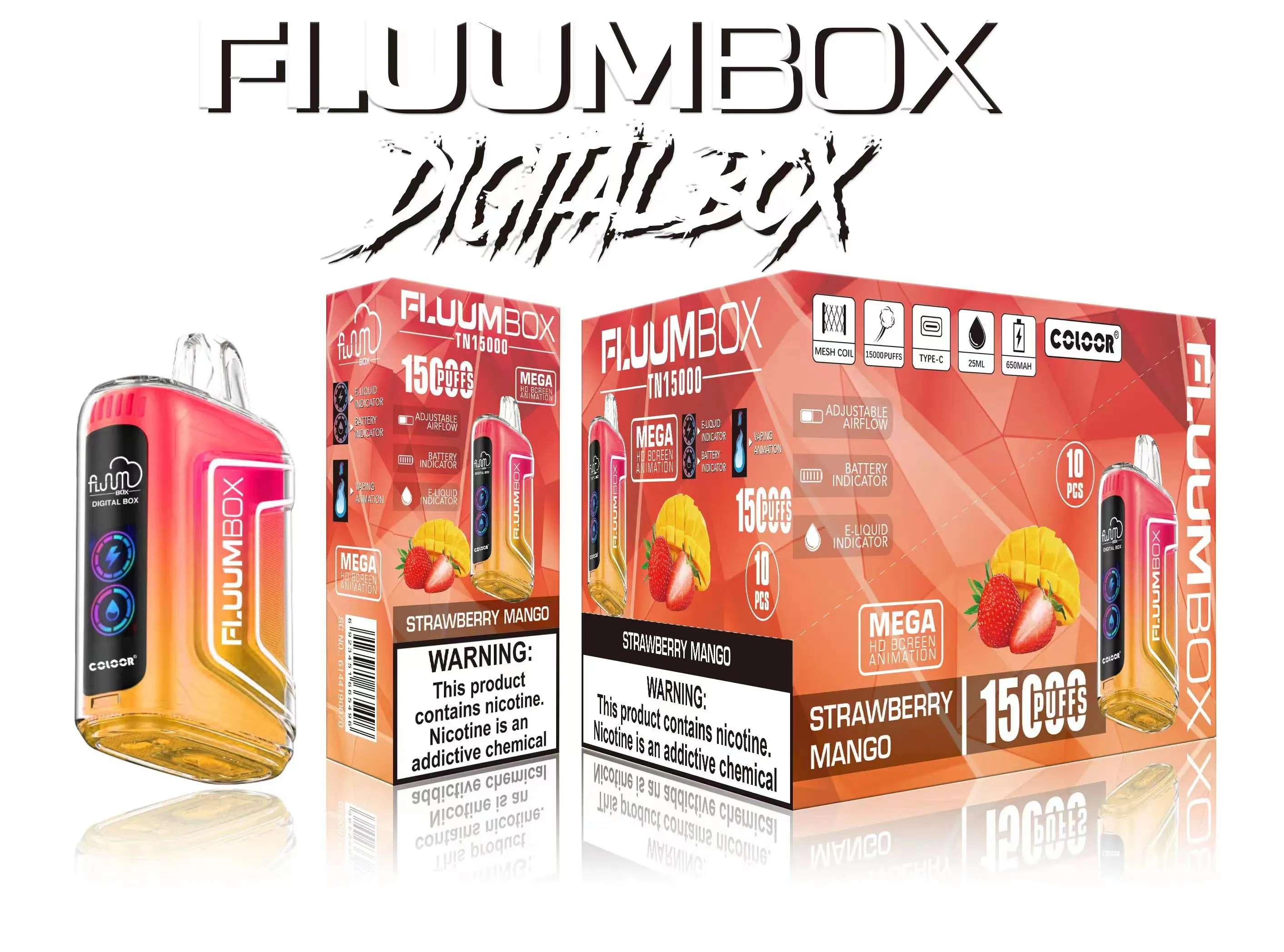 Fluum Box 15000 puff 15k puff Digital box 15000 Disposable E Cigarettes Vape Pen 25ml Pre-Filled Mesh Coil Pods Cartridge 650Mah Rechargeable Battery