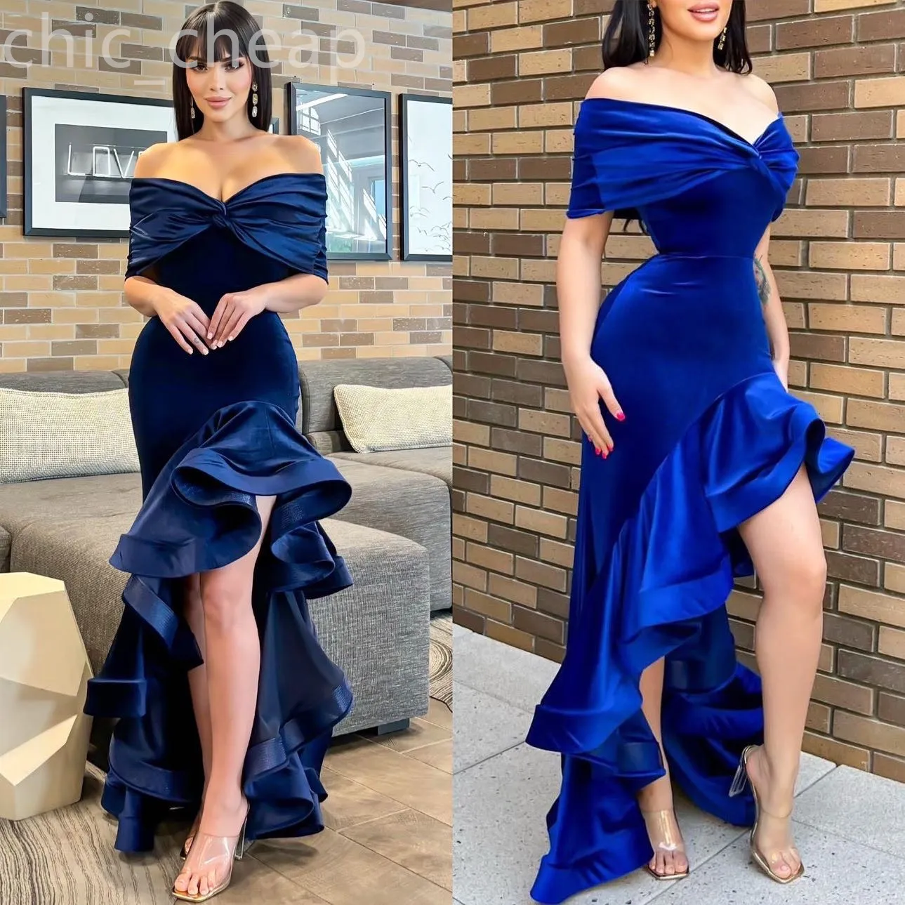 2024 Aso ebi Royal Blue Mermaid Prom Dress Velvet 섹시한 간단한 저녁 공식 파티 두 번째 리셉션 50 번째 생일 약혼 가운 드레스 Robe de Soiree ZJ66