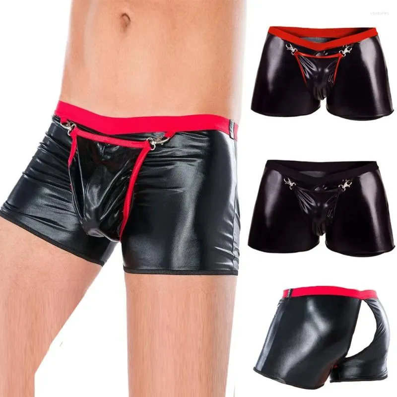 Sous-vêtements hommes sexy sous-vêtements gai ouvert entrejambe en cuir boxer shorts clubwear érotique entrejambe boxershorts lingerie boucle sous-pantalon