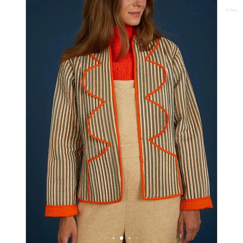 Mulheres jaquetas vintage outono listrado plissado casaco moda o pescoço parkas feminino outerwear topo coreano comentários muitas roupas