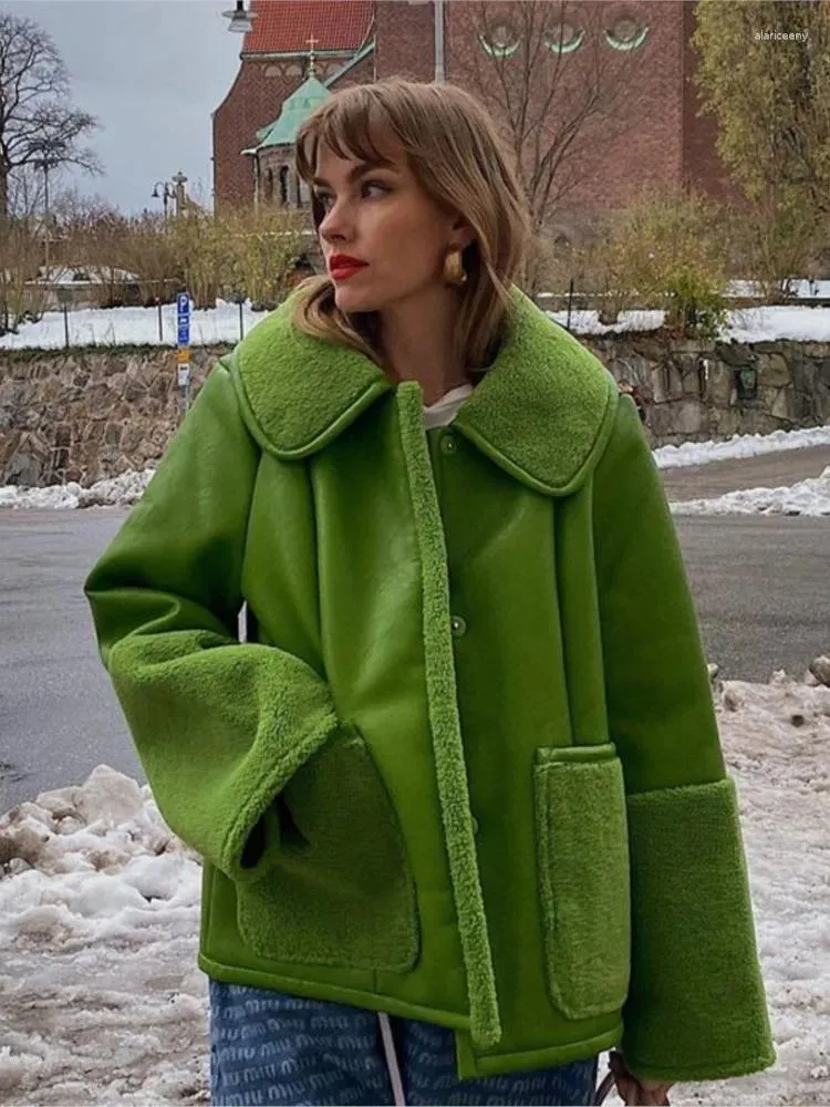 Women's Leather Green Autumn PU Lapel Women Coat Winter Single Breasted Long Sleeve Pocket Jacket 2024 Fashion Vintage Streetwear Lady