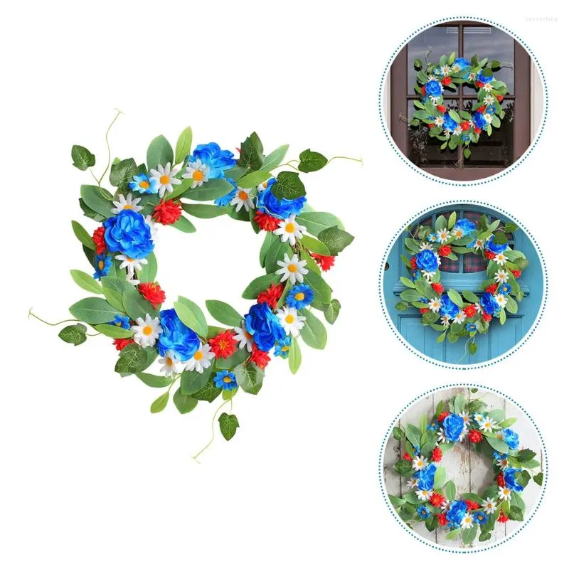 Guirlande de fleurs décoratives, petite couronne de marguerites, décoration de porte, décoration avant, rouge, blanc, bleu, ornement artificiel, mur de printemps Floral