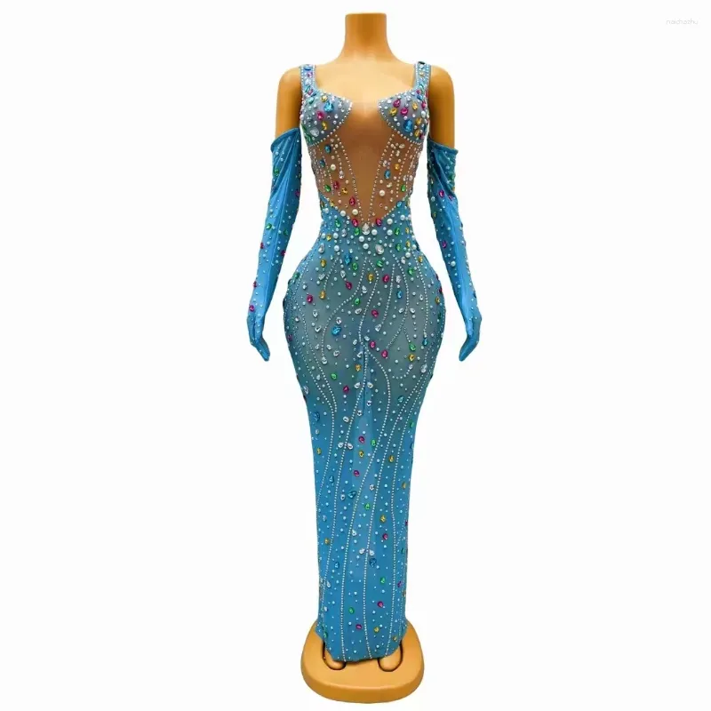 Scen Wear Colorful Rhinestones Pearl Long Dress Gloves For Singer Model Catwalk Outfit Sexig transparent prom födelsedagsfest PO Shoot