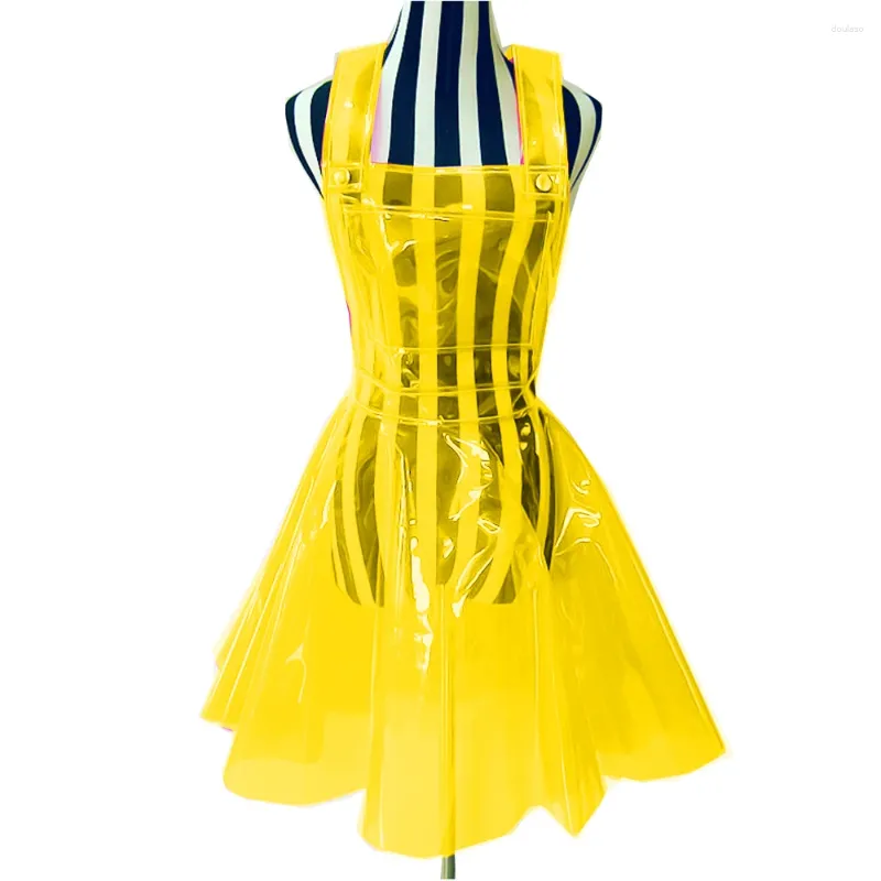 Casual Dresses Womens Clear Wide Shoulder Straps Dress Pleated Pinafore See Through A Line Vestido Transparent Suspender