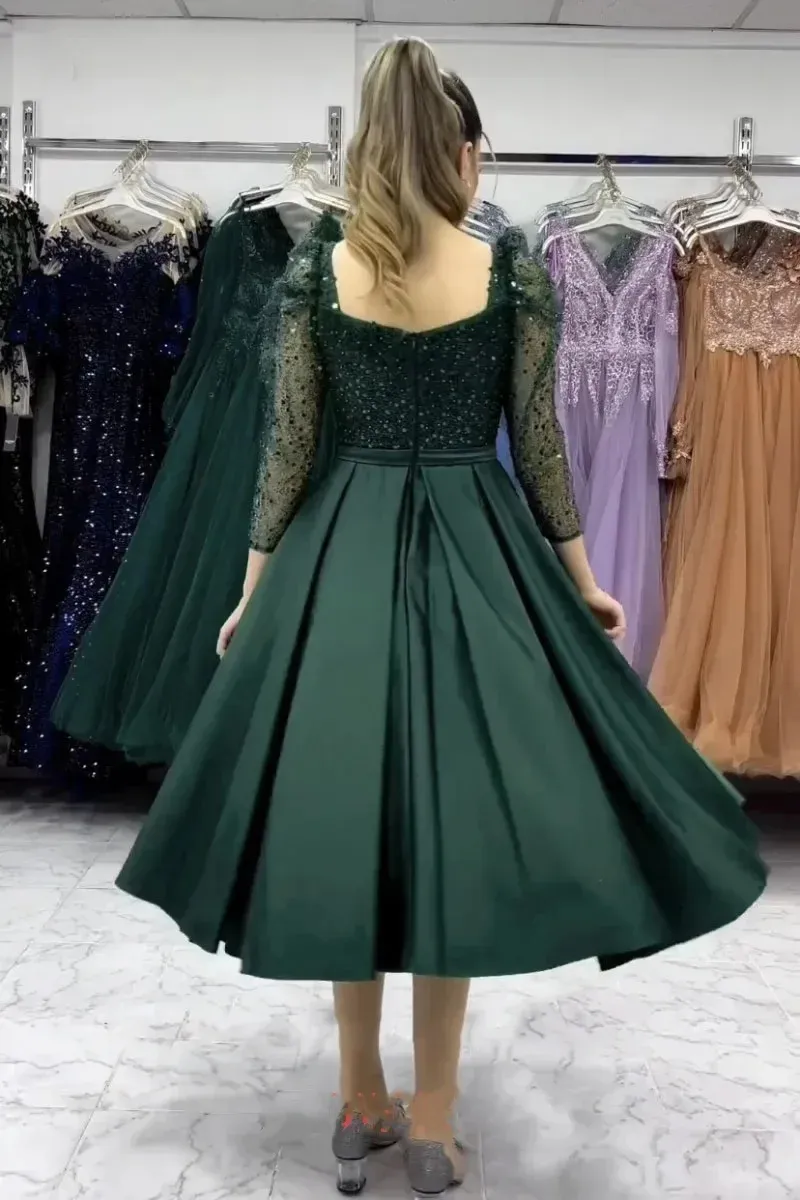 dark green tea length dress Aline Green Tulle Prom Dress, Tea Length Green Formal Party Dress main image 1