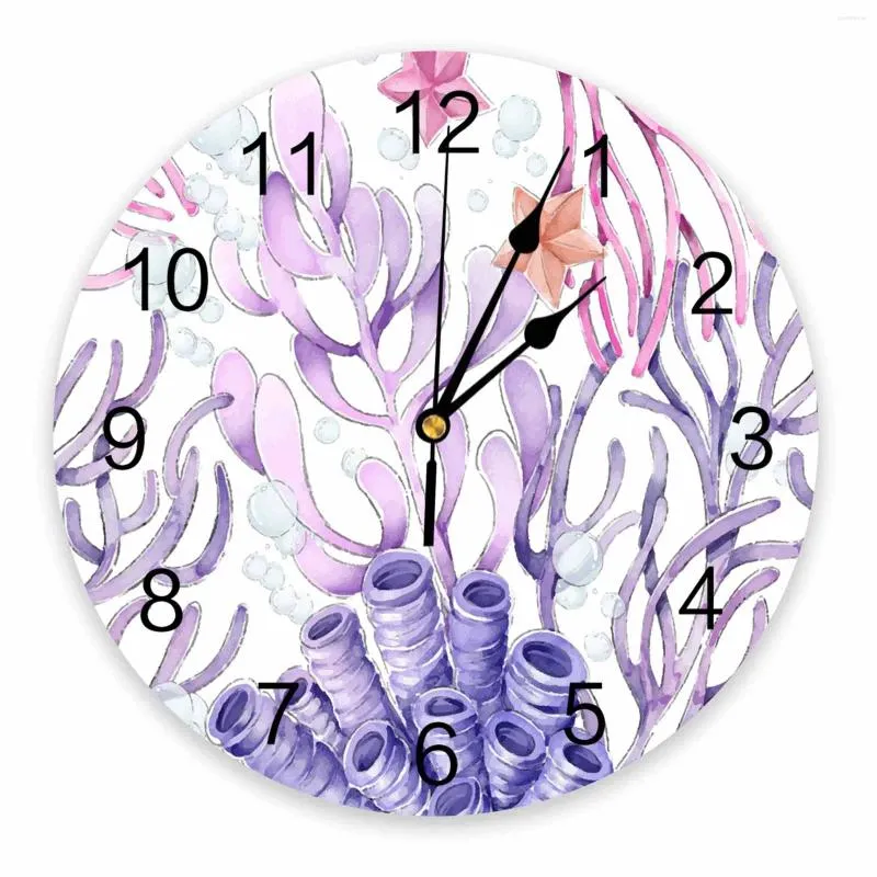 Horloges murales Fond de l'océan Corail Starfish Aquarelle Horloge imprimée Moderne Silencieux Salon Décor à la maison Montre suspendue