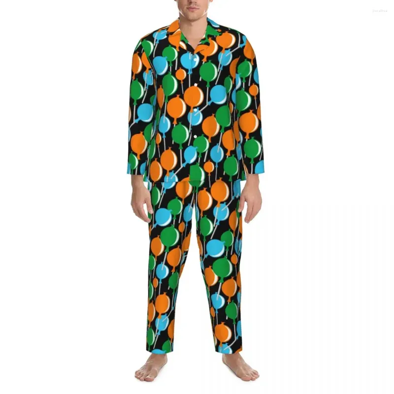 Homens sleepwear multicolor balão pijama conjuntos outono arte impressão bonito casa homem 2 peça retro oversize nightwear presente de aniversário