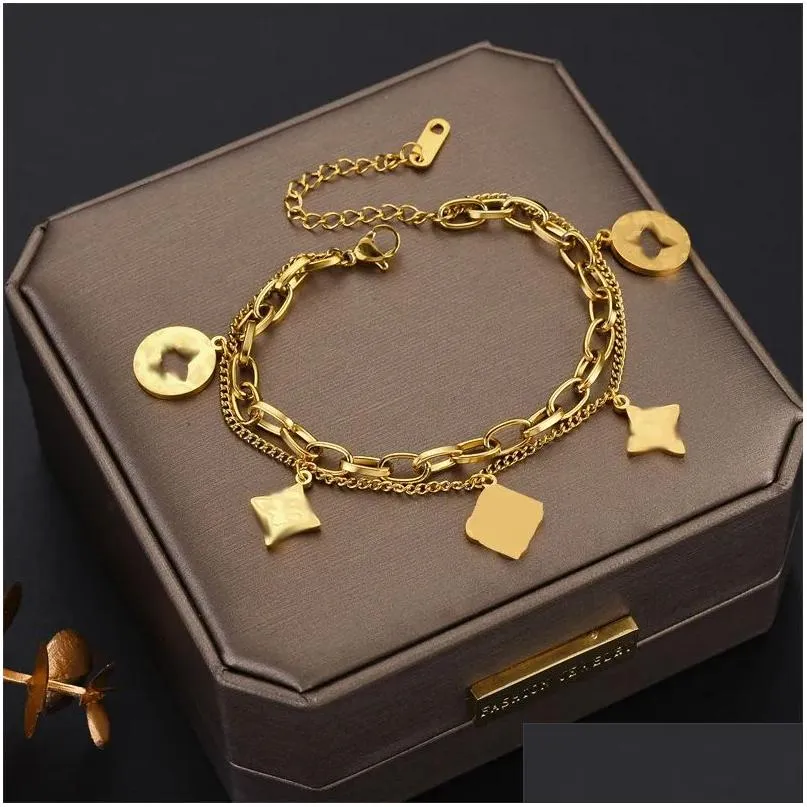 Charm Bracelets Snap Up Designer Bangle Four Leaf Clover Elegant Fashion 18K Gold Agate Shell Chain Birthday Party Perfect Gift Drop Dh3Y5