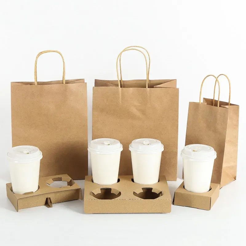 Disposable Coffee Takeout Holder Cafe Milk Juice Packing Tools Holders With Paper Bag Take Away Drinks Cup Shelf QW8815