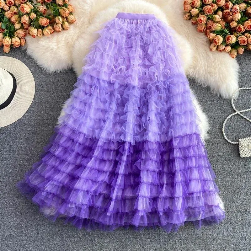 Jupes esthétique contraste couleur à plusieurs niveaux Tulle Maxi jupe femmes 2024 élégant maille une ligne taille haute plissée longue femme Z524