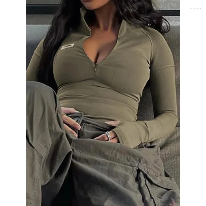القمصان النسائية T Women Zipper Long Sleeve T-Shirt Streetwear Discal Sexy Grunge Y2K Crop Top Pullover Skinny Slim Fit Tops Basic Female Tops