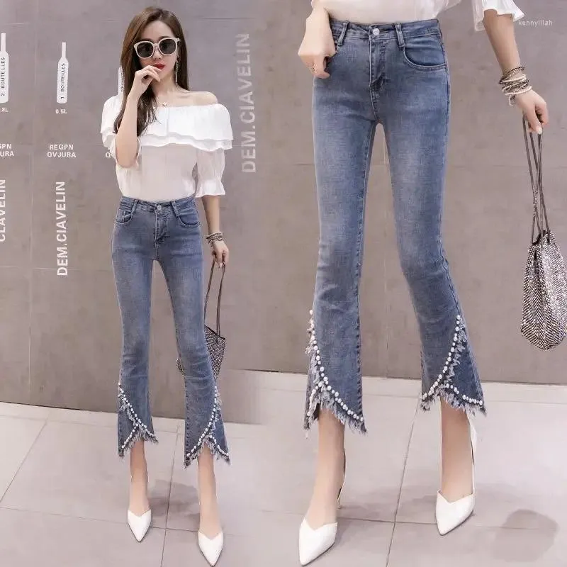 Jeans de mujer Pantalones acampanados azules recortados con parte inferior de campana para mujer con bolsillos Pantalones acampanados Cintura alta S y pantalones capris para mujer Vibrante