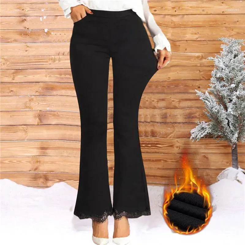 Kvinnors byxor vintage plysch fodrad flare jeans kvinnor höst vinter varm avslappnad mager tjockt stretch smal hög midja klockbotten