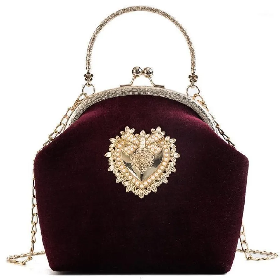 Torby wieczorowe 2021 femme retro velvet perła torebka vintage Velor Heart Design Bag Wedding Party Bride Clutch Odznaka Purse266V