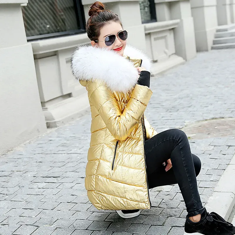 Parkas mulheres jaquetas de inverno longo casaco quente cor prata estilo feminino jaqueta gola de pele larga 2022 senhoras parka abrigos mujer invierno