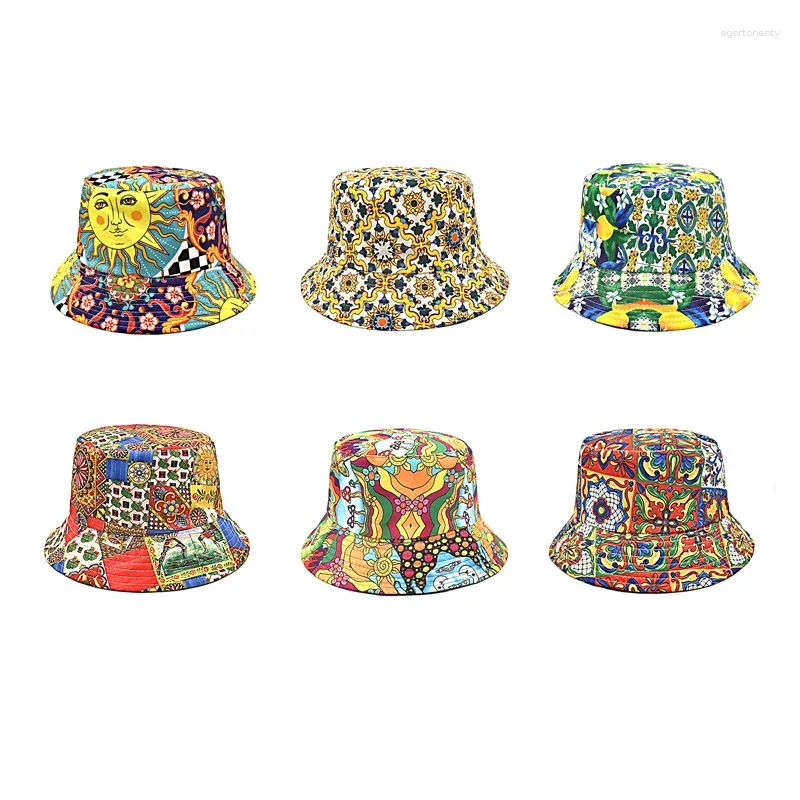 Berets American Casual Sun Flower Busket Hats Women 2024 Summer Bohemian Style Outdoor Outdoor Dwustrojemne męskie czapki męskie czapki