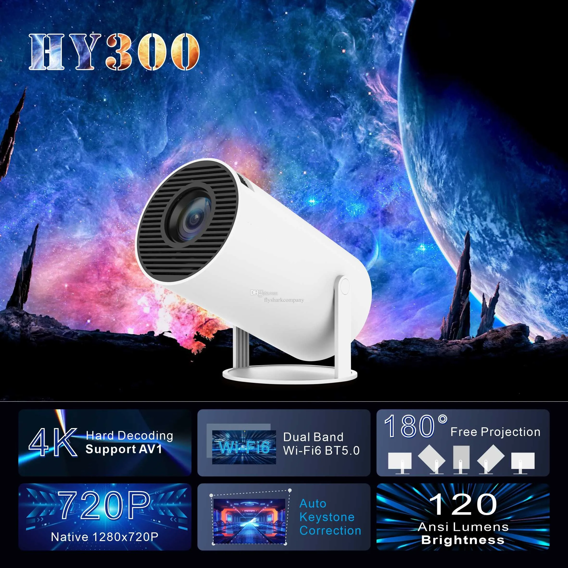 Proyector portátil HY300 BT 5.0 Android 11.0 con 2.4 / 5G WiFi6 Proyector de películas de diseño redondo Pantalla de 40 "-130", giro de 180 ° PK Android TV BOX