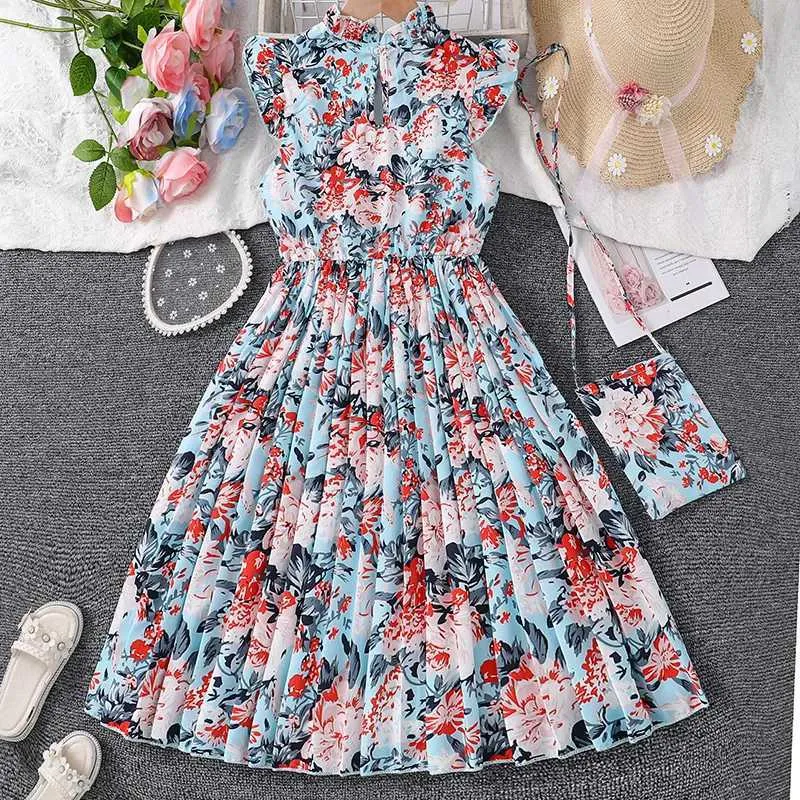 Robes de fille 2024 nouvelle robe plissée à manches volantes imprimée bleue robe de fille florale vacances confortable quotidien décontracté vacances Style pastoral DressL2402