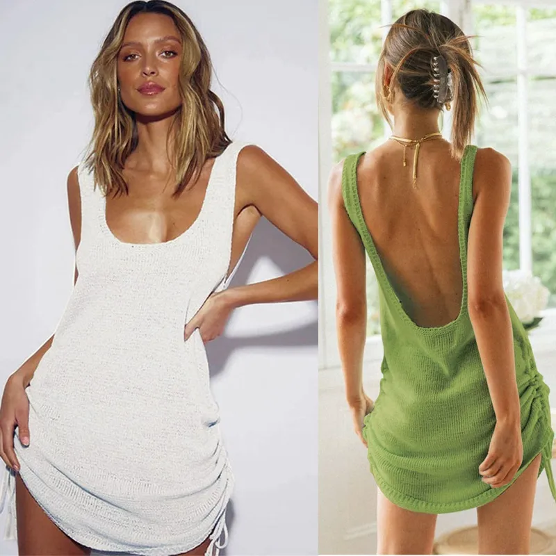 Sexy Mini Dress for Women Backless Female Long Beach Dresses Sleeveless Solid Summer Fashion Low Cut Dress Bikini Beach Cover Up Lace Up Knitting Dress