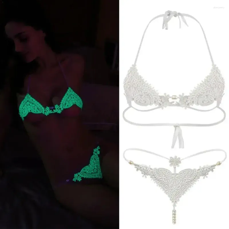 BHs Sets Leuchtende Frauen Spitze Sexy Unterwäsche Set European American Fluoreszenz Schnürung und Perlen Höschen für Paare