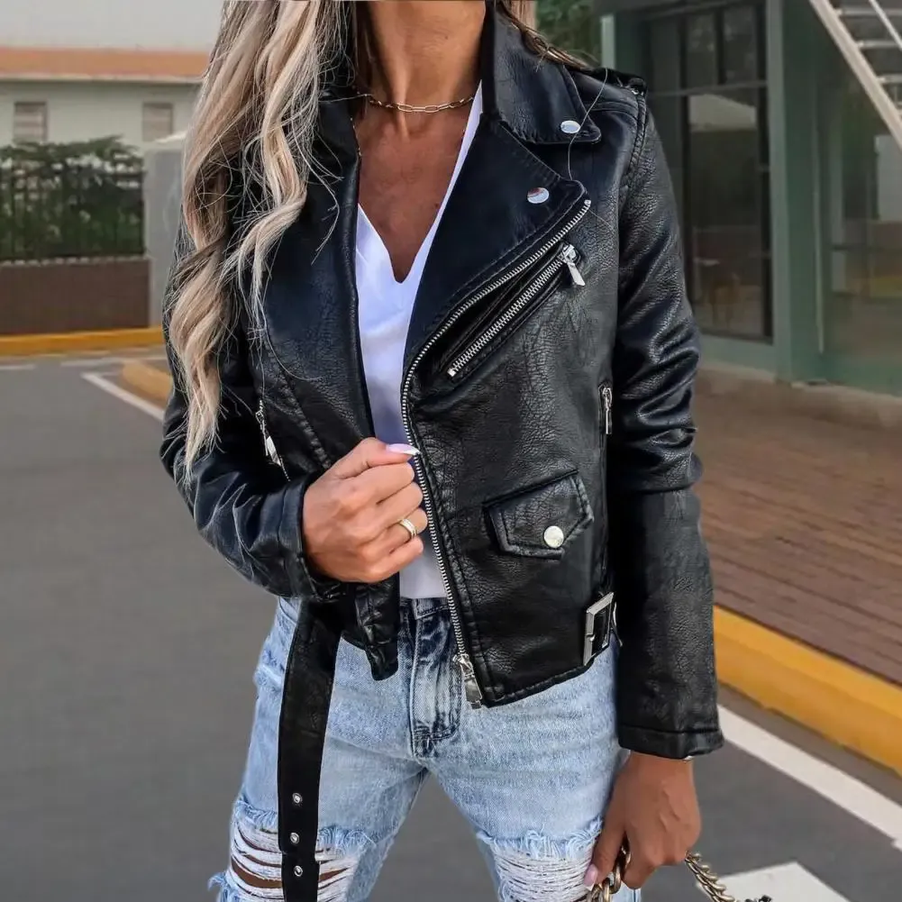 Jackets Women Jacket Zipper Faux Leather Lapel Autumn Jacket Solid Color Long Sleeves Moto Jacket Casual Individual Autumn Biker Coat