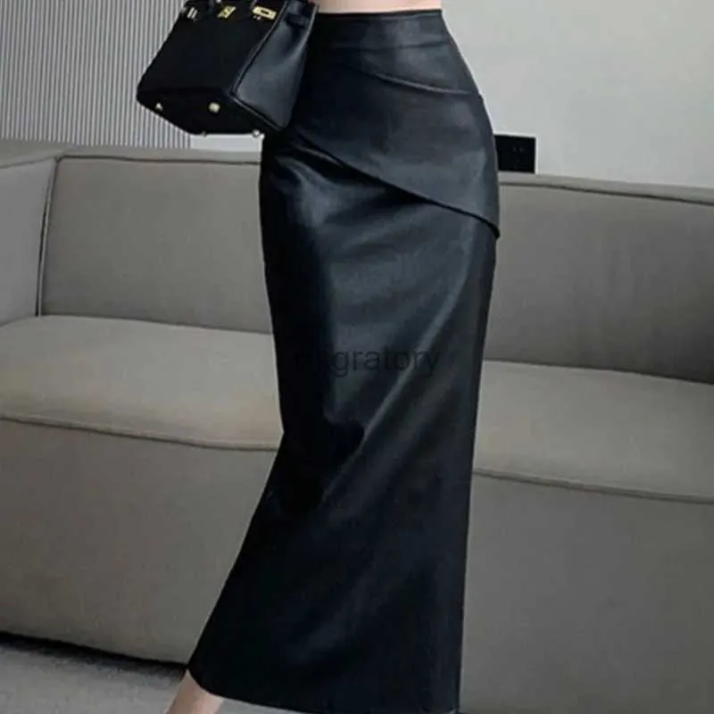 Jupes Skorts nouveau automne/hiver mode Version coréenne taille haute fendu mi-longue en cuir demi-jupe à la mode mince femmes longue robe YQ240223