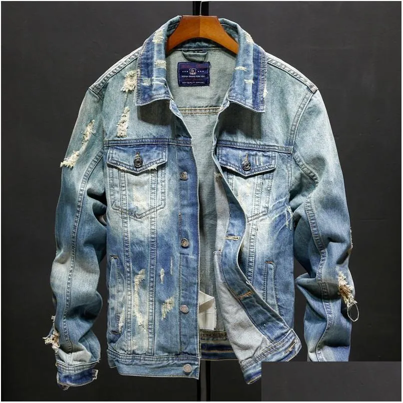 Men'S Jackets Mens Spring And Autumn Denim Men Cowboy Slim Fit Hole Jacket Ripped Jean Hip Hop Streetwear Coats Plus Size 5Xl Drop D Dhdq5